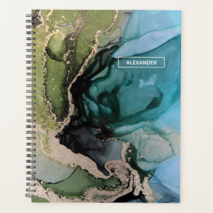 Agenda Custom Name Black Teal Green Gold Abstract Planner