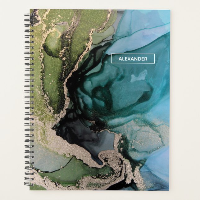 Agenda Custom Name Black Teal Green Gold Abstract Planner (Anverso)