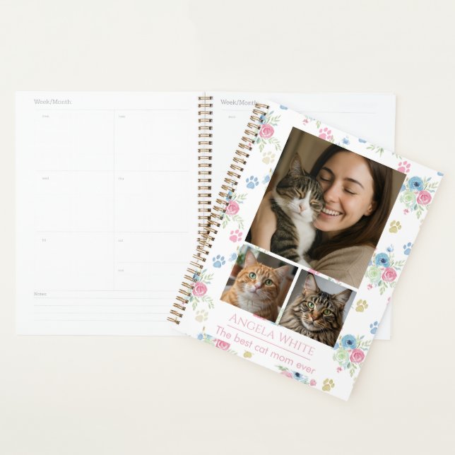 Agenda Custom Photo Cat Mom with Watercolor Floral (Demostración)