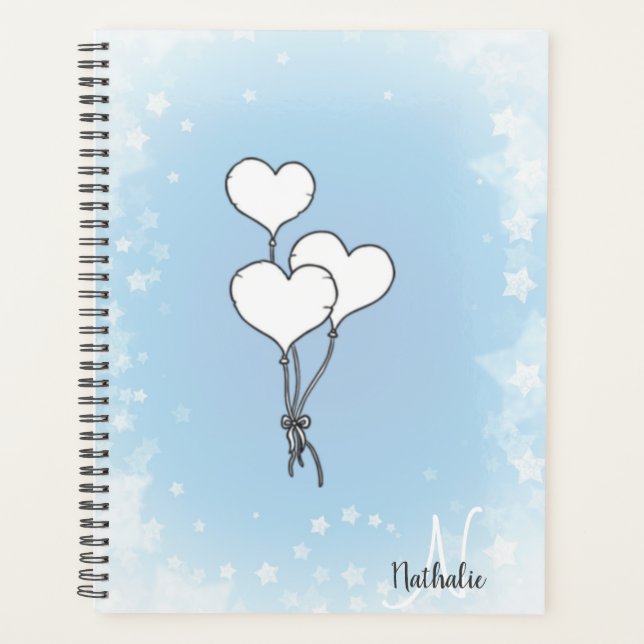 Agenda Cute acuarela Blue Heart Balloons Planner (Anverso)