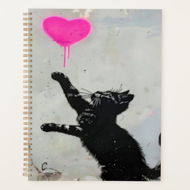 Agenda Cute Black Cat Playing with A Pink Heart (Anverso)