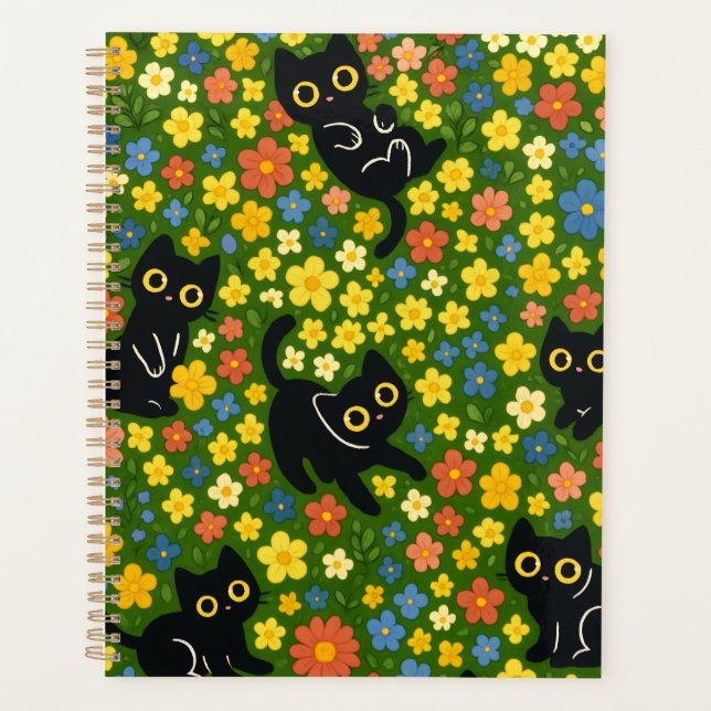 Agenda Cute Black Cats Floral Meadow Pattern (Anverso)