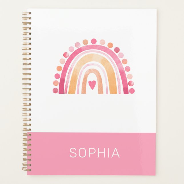 Agenda Cute Boho acuarela Arcoiris en rosa personalizado (Anverso)
