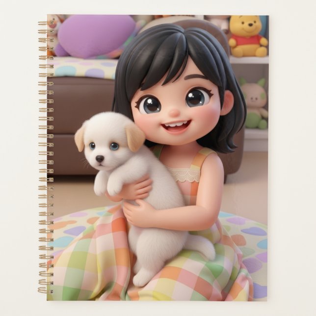 Agenda Cute Chibi Girl Hugging White Puppy Dog Planner (Anverso)