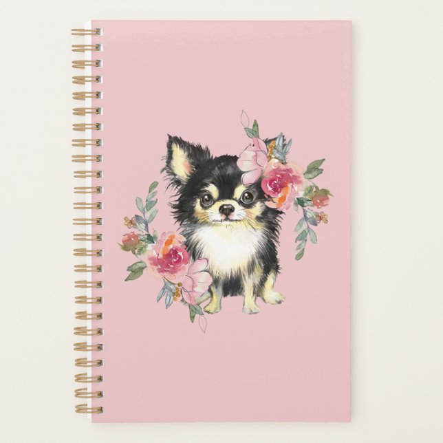 Agenda Cute Chihuahua Cuppy y Flores acuarela Art (Anverso)
