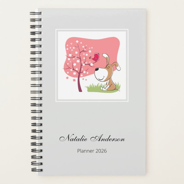 Agenda Cute Dog Puppy Blooming Tree 2026 Personalized (Anverso)