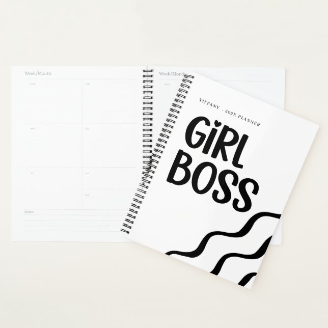 Agenda Cute Girl Boss Black and White Monogram Year (Demostración)