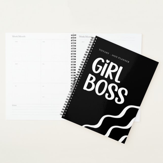 Agenda Cute Girl Boss Black and White Monogram Year (Demostración)