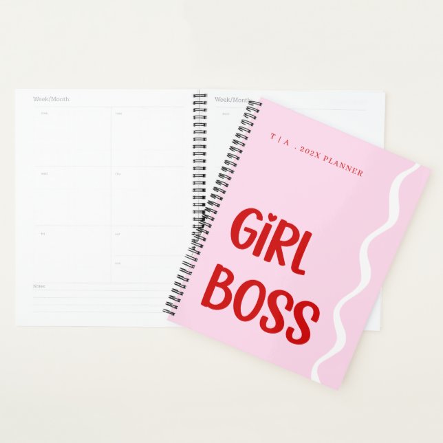 Agenda Cute Girl Boss Pink and Red Monogram Year (Demostración)