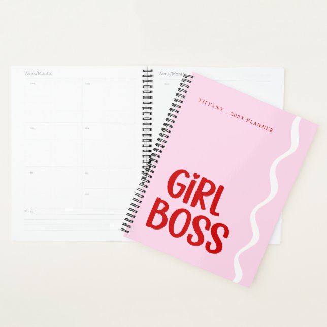 Agenda Cute Girl Boss Pink and Red Monogram Year (Demostración)
