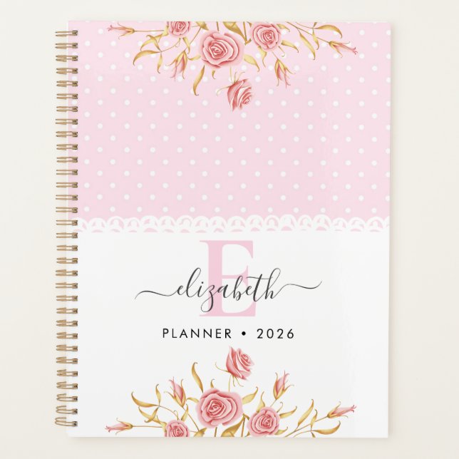 Agenda Cute Girl Pink Gold Roses (Anverso)