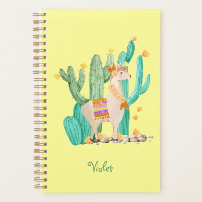 Agenda Cute Llama y Cactus acuarela Amarillo personalizad (Anverso)