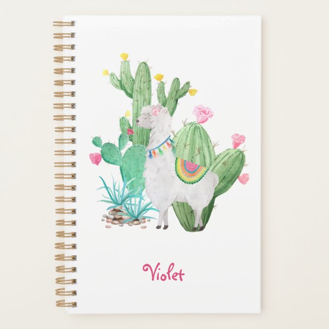Agenda Cute Llama y Cactus Watercolor - Personalizado bla (Anverso)