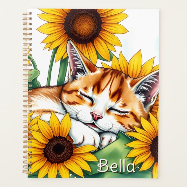 Agenda Cute Napping Kitten and Sunflowers Personalized (Anverso)