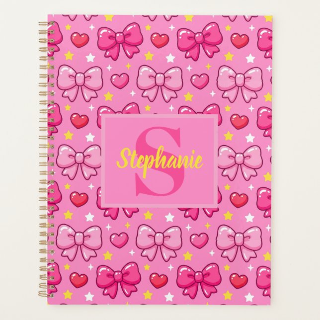 Agenda Cute Pink Bows and Hearts Personalized Monogram (Anverso)