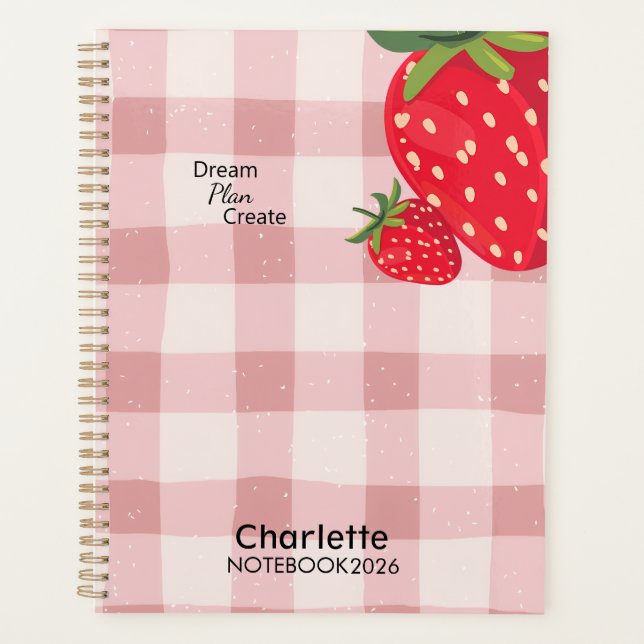 Agenda Cute Pink Gingham Strawberry Yearly Planner (Anverso)