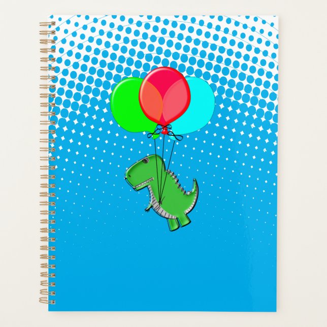 Agenda Cute T-Rex Volando Con Globos En Cielo Azul (Anverso)