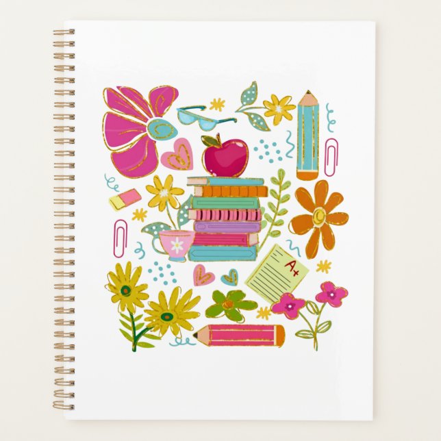 Agenda Cute Teacher Doodle Art – Books, Flowers & School (Anverso)