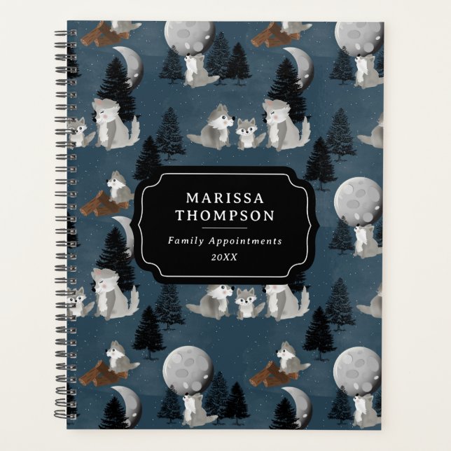 Agenda Cute Wolf Pack Woodland Night Sky Moon Family (Anverso)