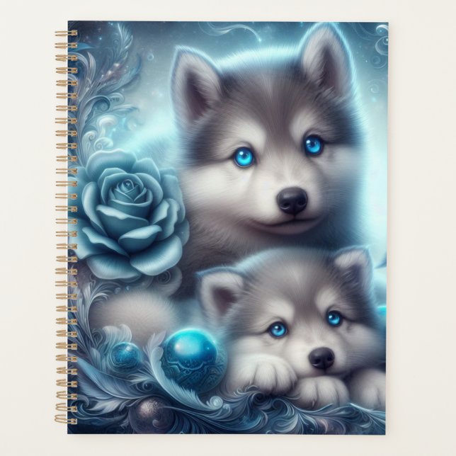 Agenda Cute Wolf Pups con un Rosa azul (Anverso)