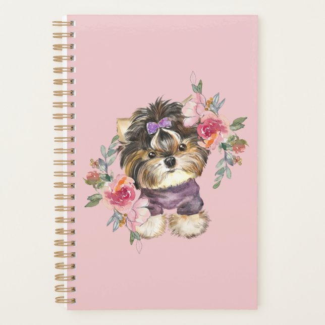 Agenda Cute Yorkshire Terrier Yorkie y Flowers Art  (Anverso)