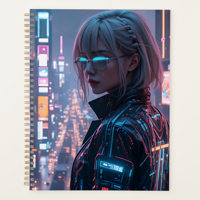 Agenda Cyberpunk Cityscape Poster Futurista Hembra Hacke (Anverso)