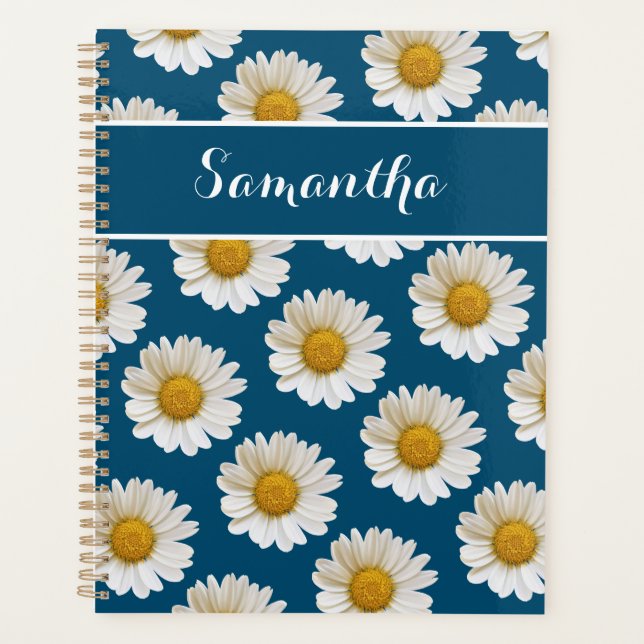 Agenda Daisies blancos sobre azul con nombre personalizad (Anverso)