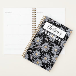 Agenda Daisises de plata personalizados sobre negro