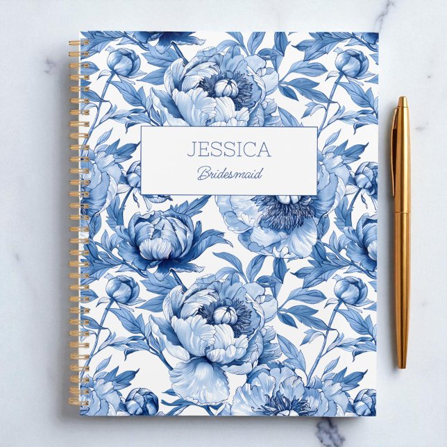 Agenda Dama de honor moderna con flores de chinoiserie fl (Blue Floral Chinoiserie Flower Modern Bridesmaid Planner)