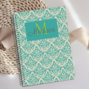 Agenda Damasco crema verde monograma lindo femenino de mo