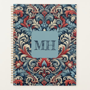 Agenda Damasco elegante rojo, blanco y azul con monograma