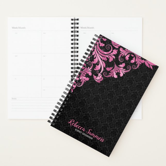 Agenda Damasco negro de encaje metálico rosado (Demostración)