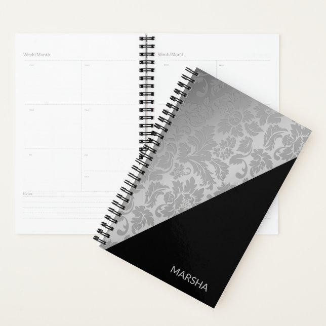 Agenda Damasco plateado monogramado (Demostración)