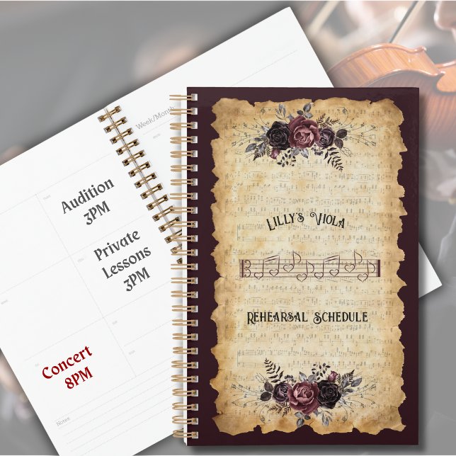 Agenda de ensayo de viola clásica antigua (Stay on track for orchestra season with a custom alto clef viola rehearsal planner.)