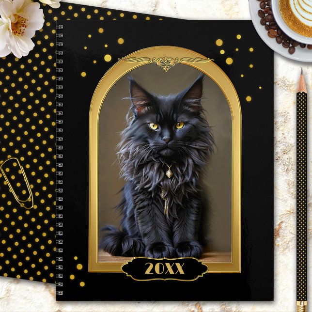Agenda Decoro de arte de gato negro dorado (A boho chic design gold and black year planner with a majestic black cat)