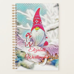Agenda Dibujo vintage de un gnomo en un árbol nevado