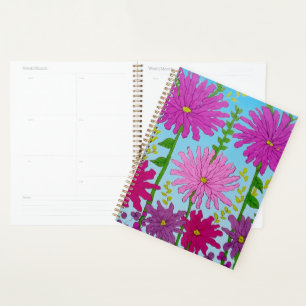 Agenda Dibujo vivo de flores rosadas en azul