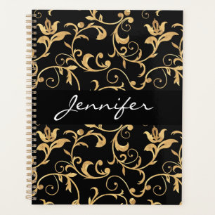 Agenda Diseñador Royal Black and Gold Damask Personalizad