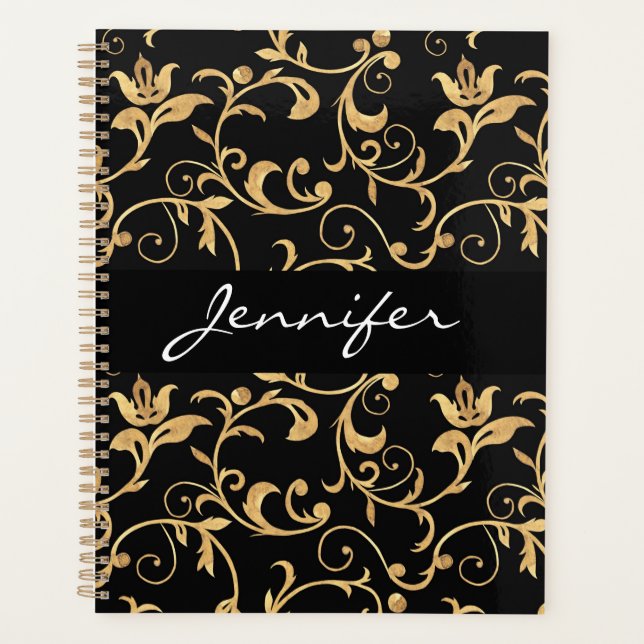 Agenda Diseñador Royal Black and Gold Damask Personalizad (Anverso)