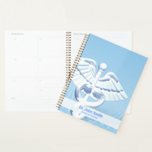 Agenda Diseño azul médico 3D blanco Caduceus