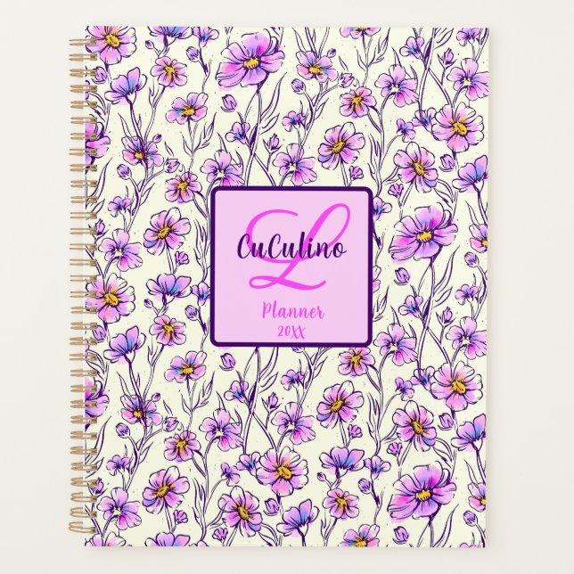 Agenda Diseño floral de flores silvestres rosadas púrpura (Anverso)