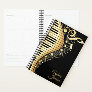 Agenda Diseño Monograma Black And Gold Music Notes