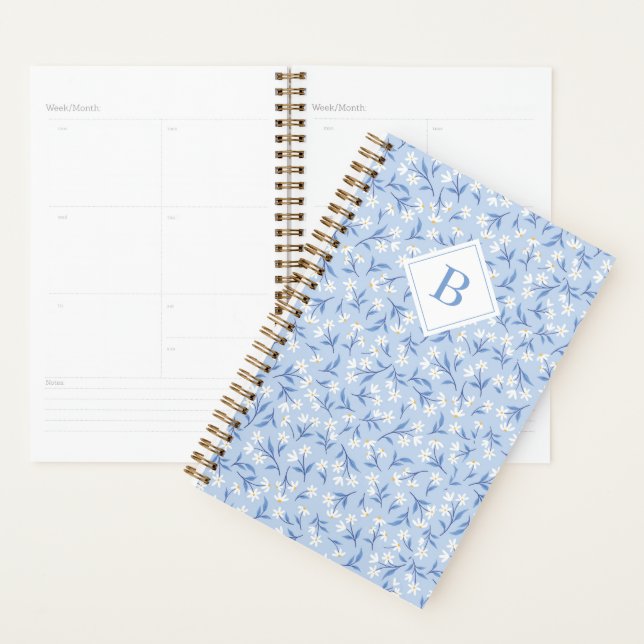 Agenda Ditsy Daisy Floral Monograma Periwinkle Azul (Demostración)