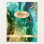 Agenda DIY Name & Date, Teal & Gold Ink Abstract<br><div class="desc">Personalize this Planner with your name (or monogram) in black script and year on faux gold brushed metal oval and stripe. Background is a beautiful teal and gold ink abstract. Click “Customize” to easily change colors and type styles.</div>