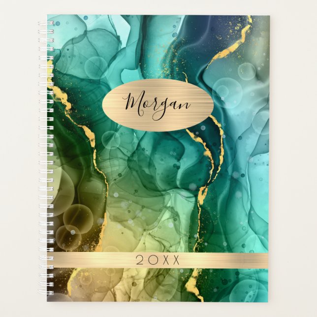 Agenda DIY Name & Date, Teal & Gold Ink Abstract (Anverso)