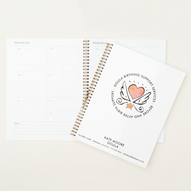 Agenda Doula Midwife Whimsical Pink Heart & Wings White (Demostración)