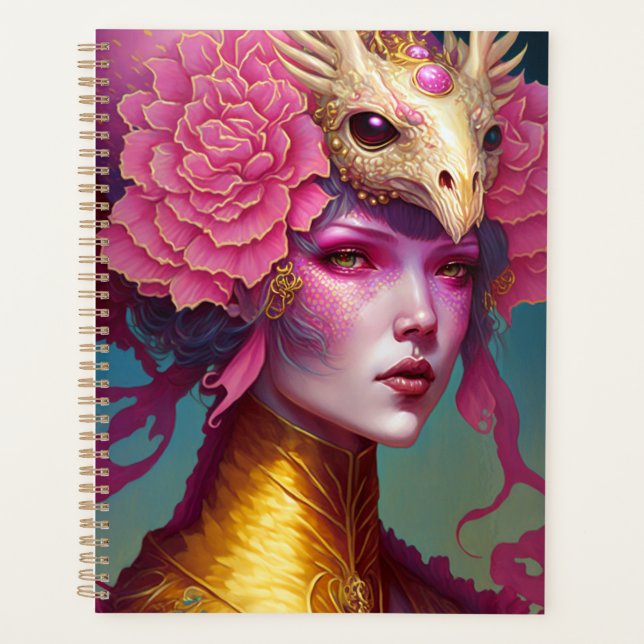 Agenda Dragón Rosa Cráneo Mujer Fantasía Arte (Anverso)