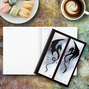 Agenda Dragón Tribal Negro Rojo y Azul con Flores