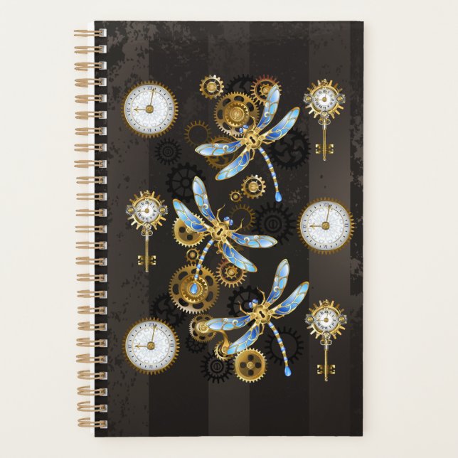 Agenda Dragoniscos de Steampunk sobre fondo rayado marrón (Anverso)