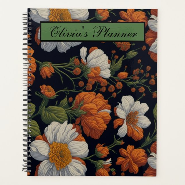 Agenda Dramática Naranja blanco elegante flores retro (Anverso)